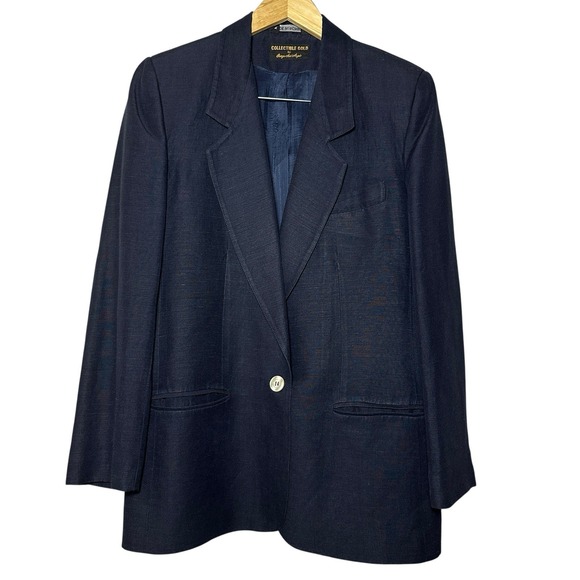 Vintage 80s Giorgio Sant'Angelo Navy Linen‎ Rayon Blazer Sz 10 Made in Romania - Picture 1 of 16